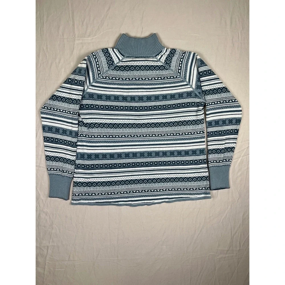Eddie Bauer Quarter Zip Sweater Mens Medium Blue Nordic Fair Isle Cotton Blend‎